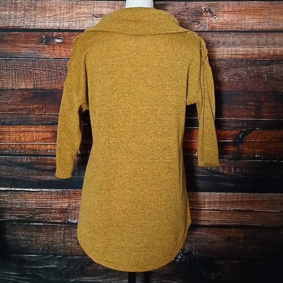 Ember Sweater S Cowl Turtleneck Mustard Gold Laced Shoulder Half Sleeve Soft - Picture 5 of 10
